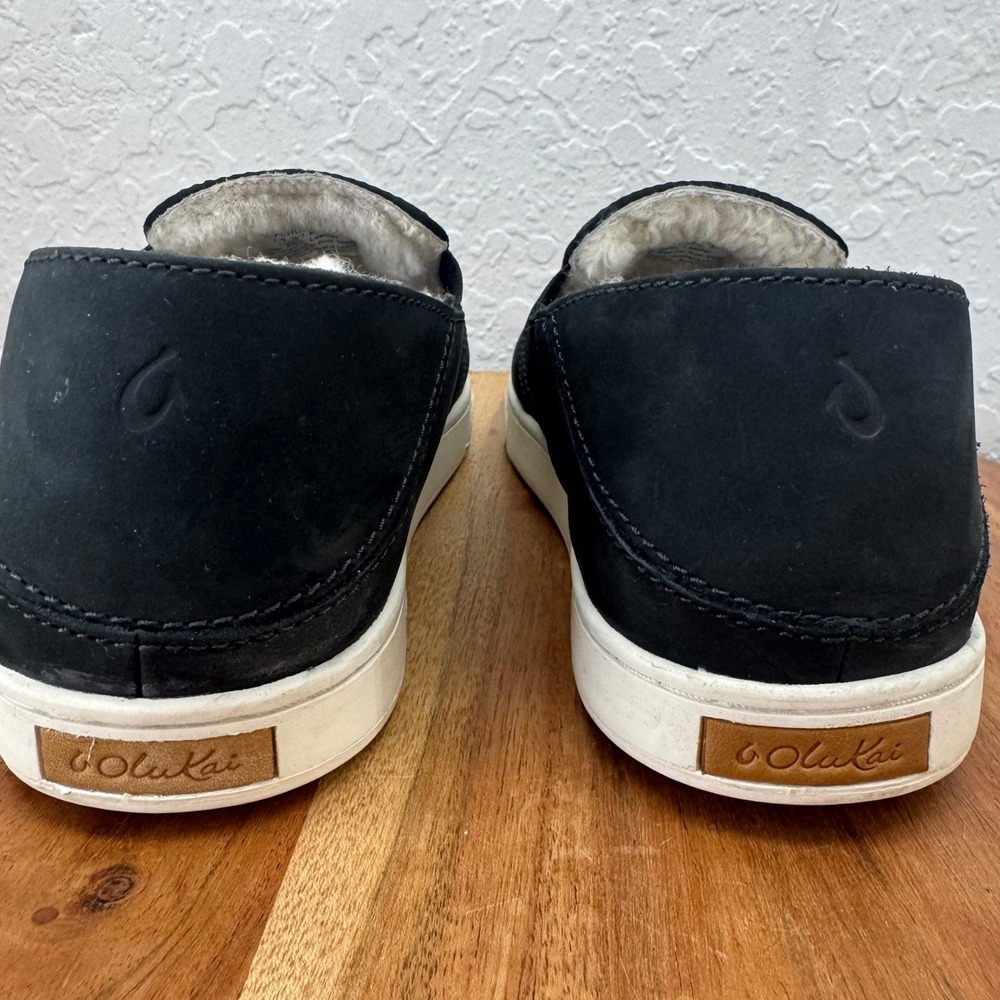 OluKai‎ Pehuea Heu Womens Black Leather Shearling Lined Slip On Shoes W7 - Picture 3 of 8